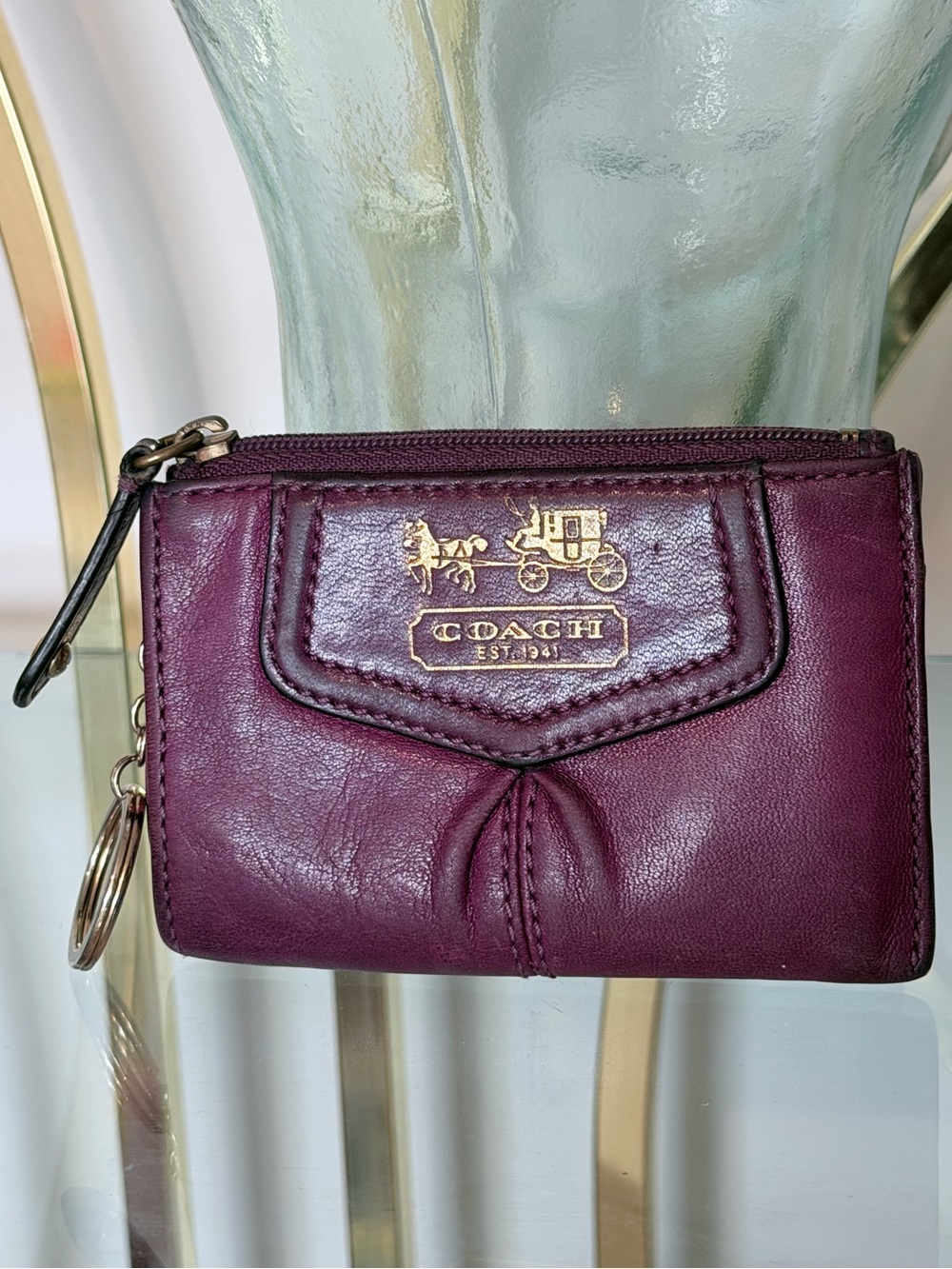 COACH Vintage Plum Leather Zip Card Case Keychain Wallet